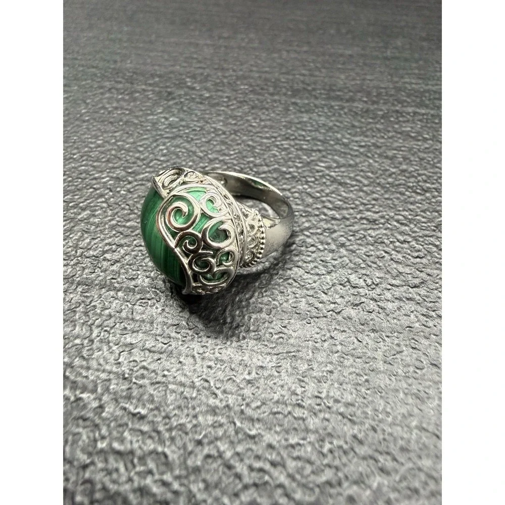 925 Sterling Silver Detailed Malachite Ring Size 7 Hallmarked
